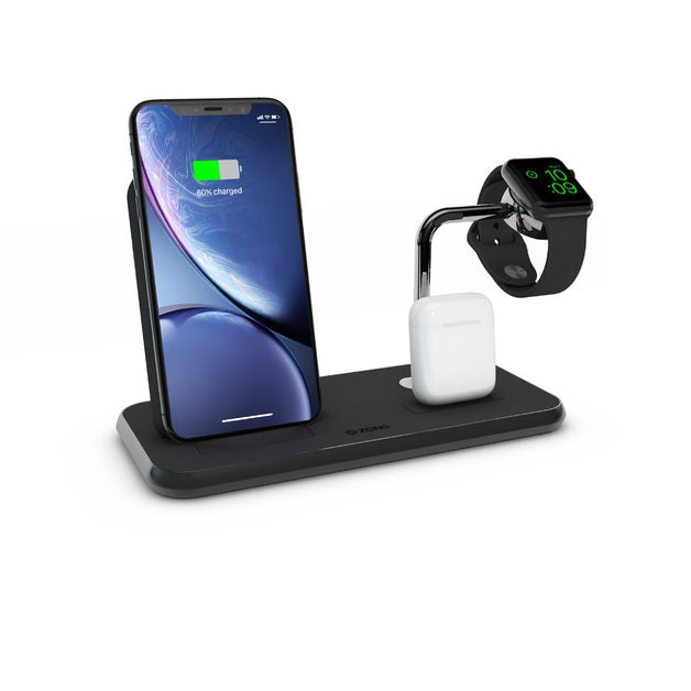 ZENS 4 in 1 Aluminium Dual 10W Wireless Fast Charger Dock Station Watch.