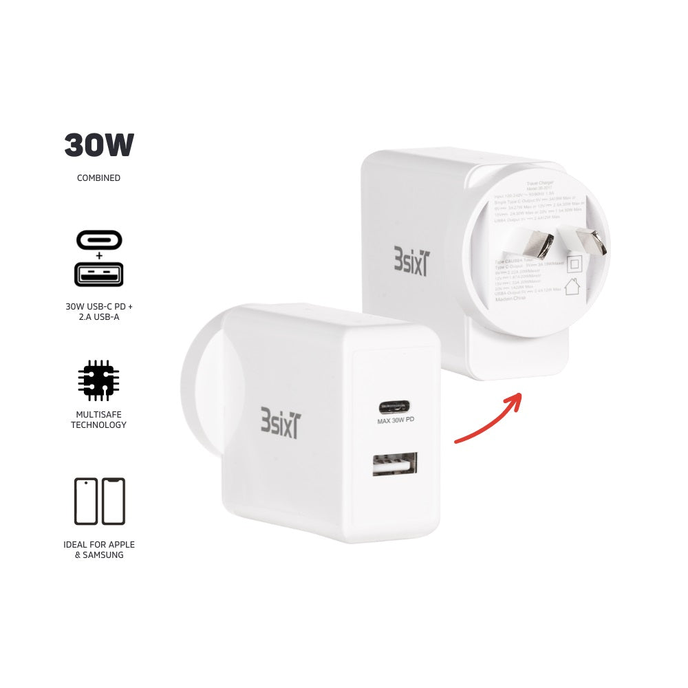 3sixT Wall Charger ANZ 30W USB-C PD + 2.4A