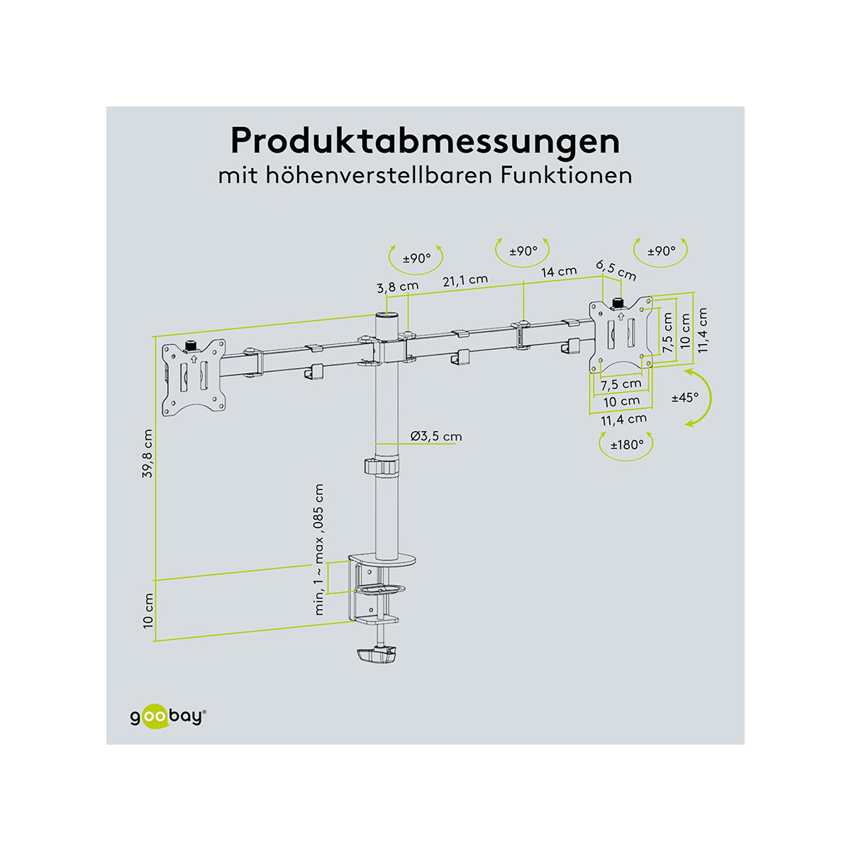 Goobay Dual Monitor Mount - Adjustable 43-81 cm, Ergonomic Desk Stand
