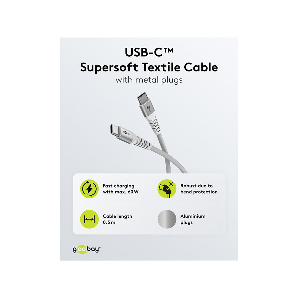 Goobay USB-C™ Supersoft Textile Cable with Metal Plugs 2 m for Smartphone/Tablets/Laptops - White