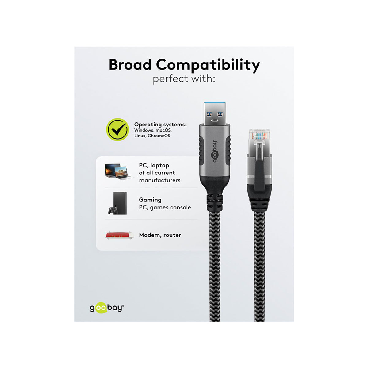 GooBay USB-A 3.0 to RJ45 Ethernet Cable 1m for PC/Laptop - Black