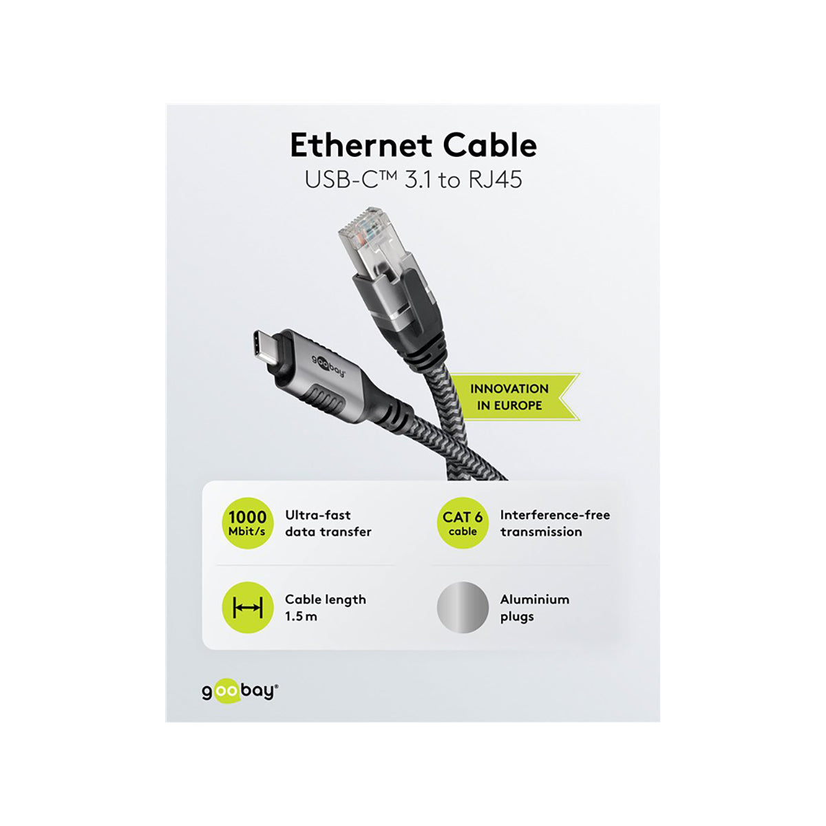 GooBay USB-C™ 3.1 to RJ45 Ethernet Cable 1m for Laptop/Tablet - Black