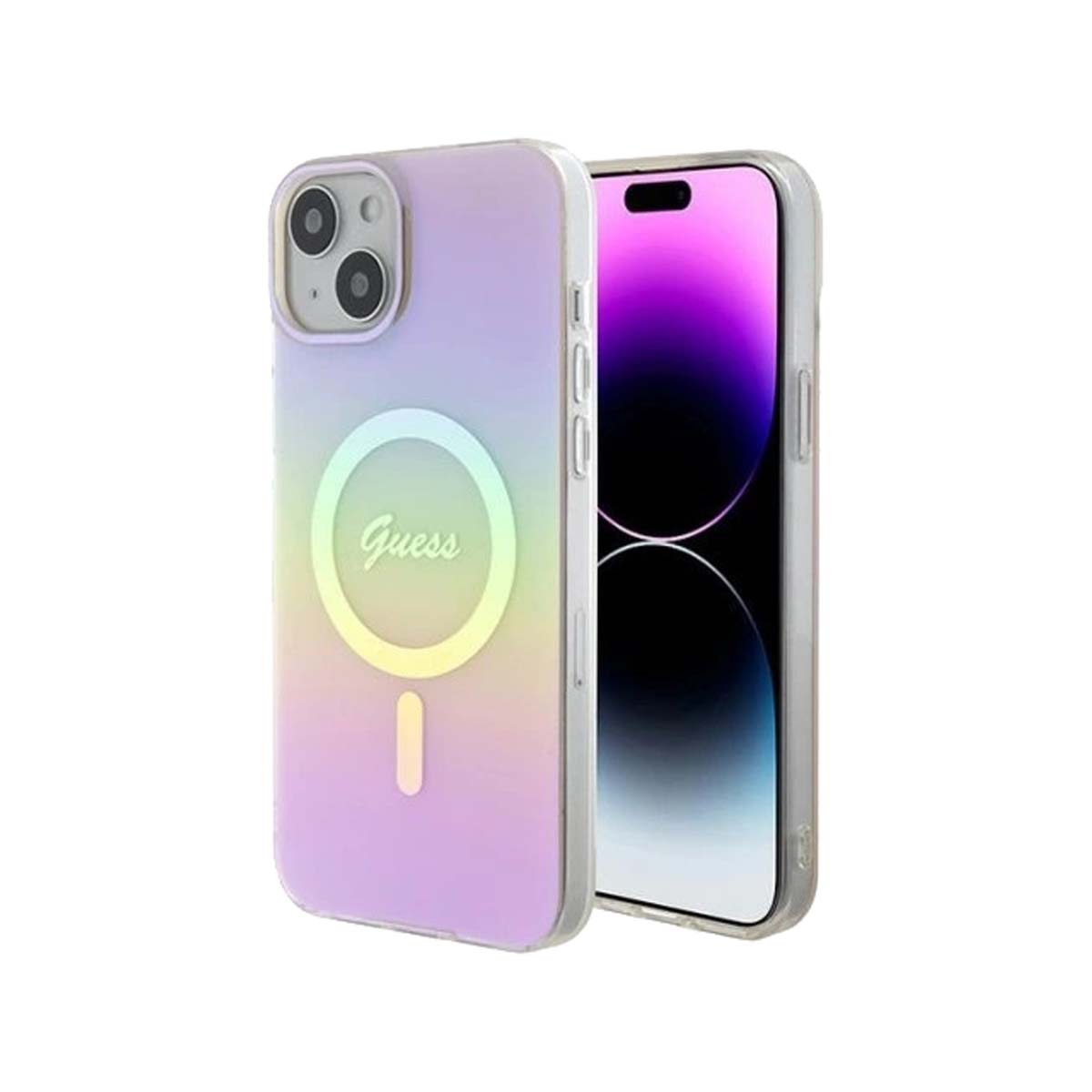 Guess Script MagSaf Phone Case for iPhone 15 - Iridescent Pink
