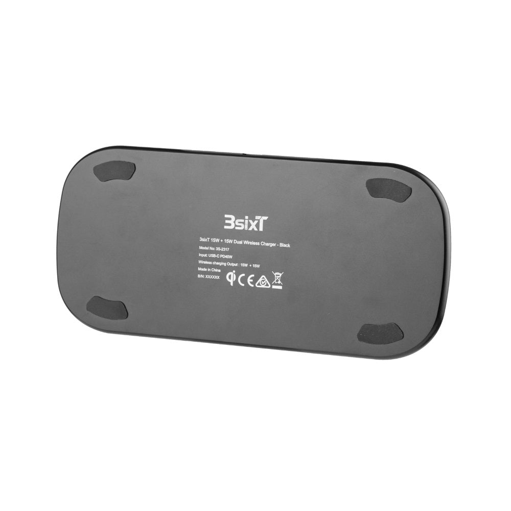 3sixT 15W + 15W Dual Wireless Charging Pad - Black.