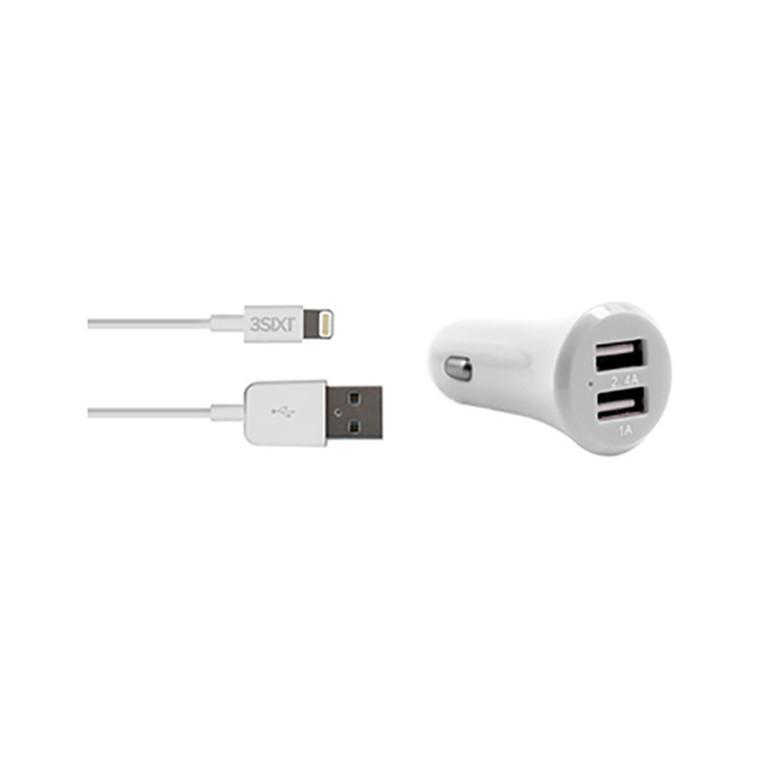 3sixT xCar Charger 3.4A + Lightning Cable 1m - White - Charger - Techunion -