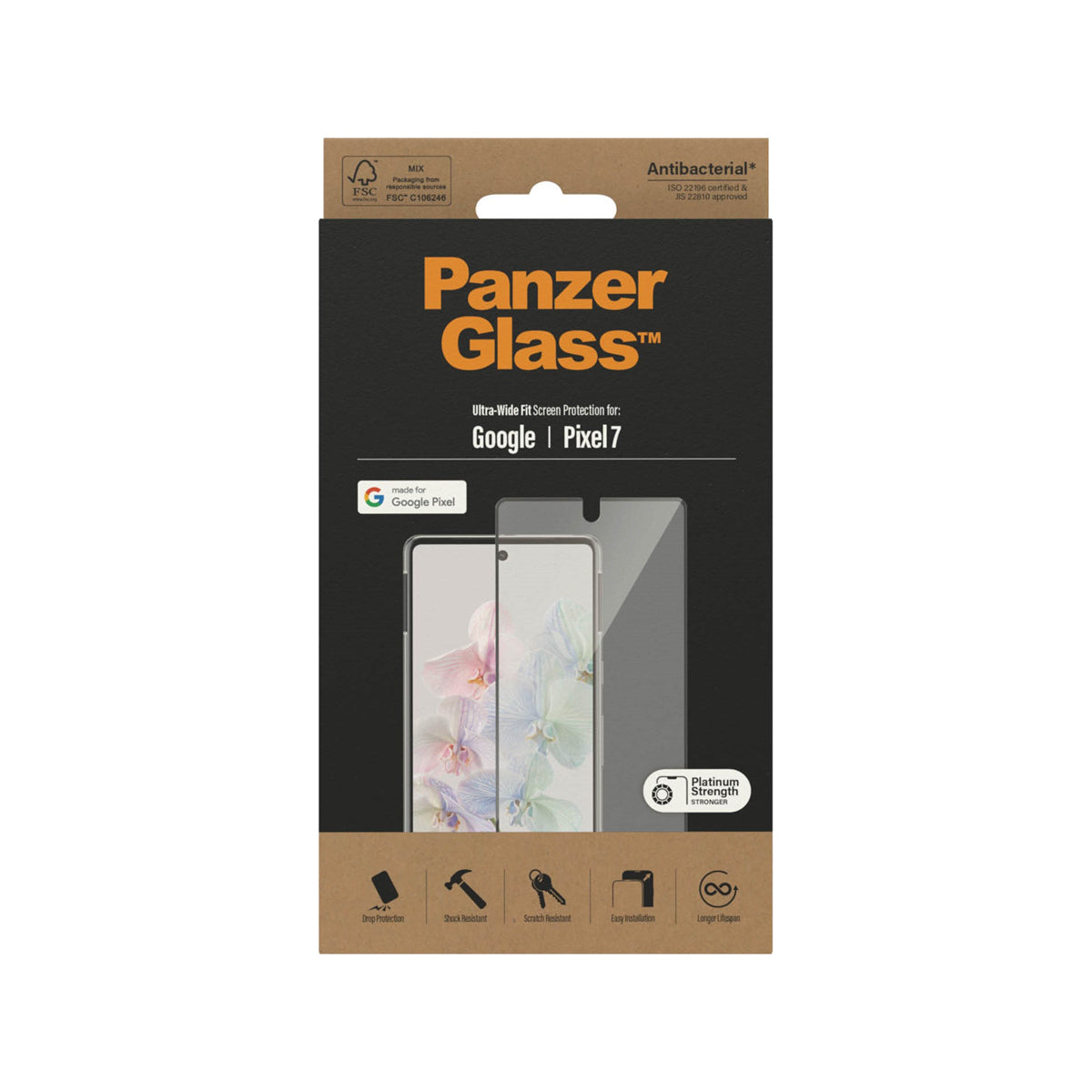 PanzerGlass Ultra-Wide Fit Antibacterial Screen Protector for Google Pixel 7 - Clear.
