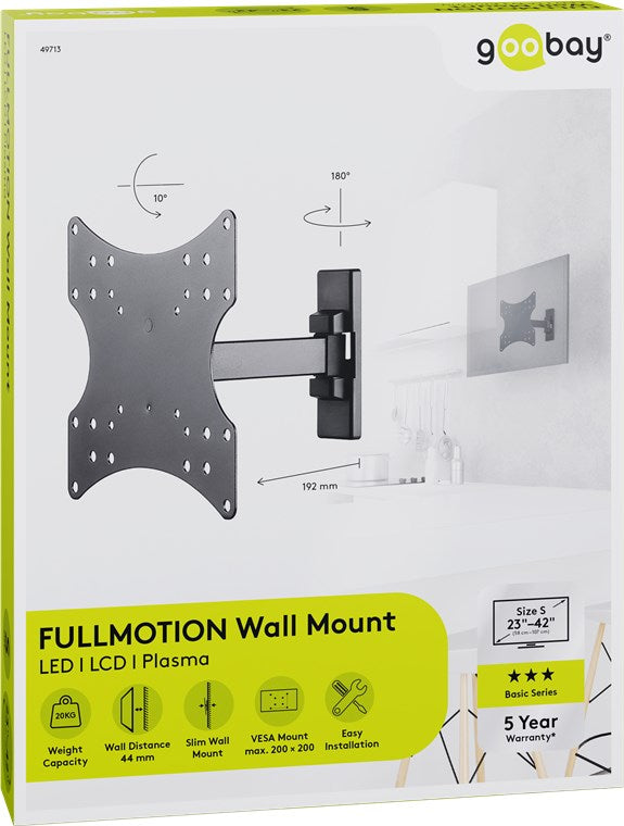 Goobay - TV Wall Mount with Basic Fullmotion- Fully Moveable, Swivel, Adjustable Single-Arm (23-42