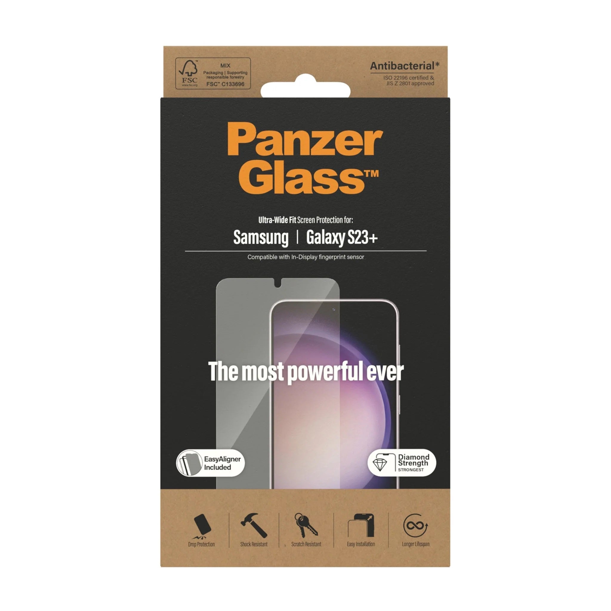 PanzerGlass™ Ultra-Wide fit with EasyAligner Screen Protector for Samsung Galaxy S23 Plus.