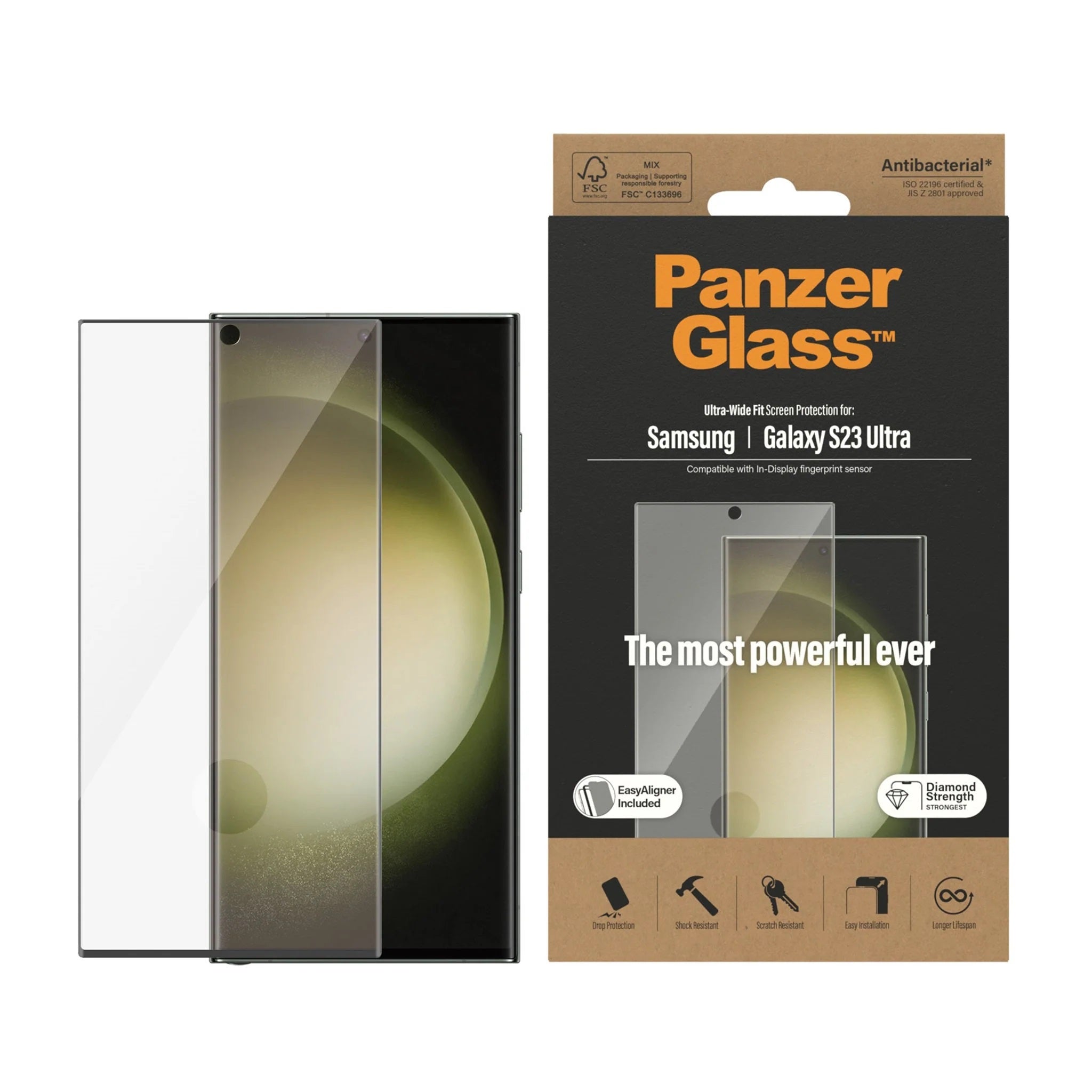 PanzerGlass™ Ultra-Wide fit with EasyAligner Screen Protector for Samsung Galaxy S23 Ultra.
