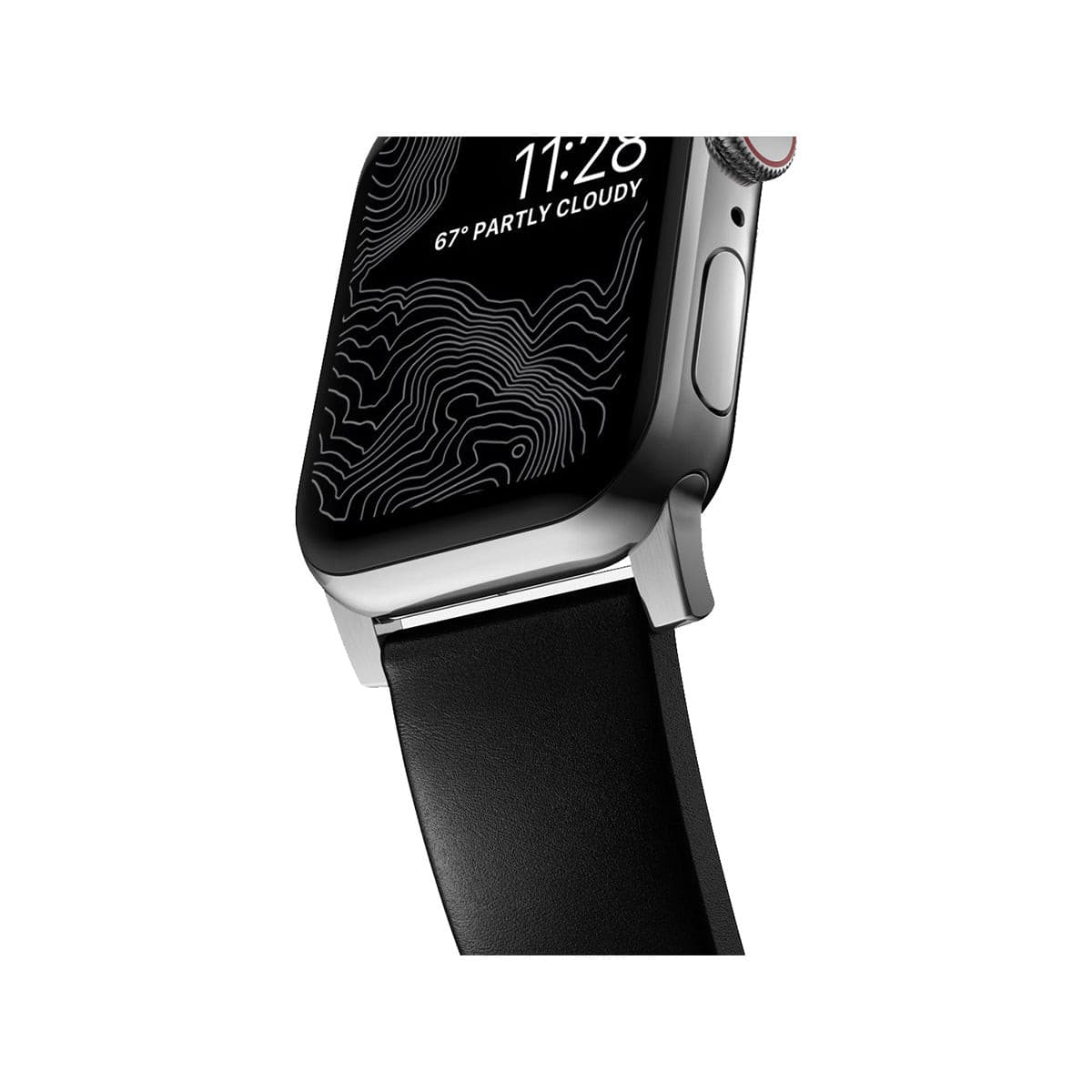 NOMAD Apple Watch Modern Band 45mm - Silver Hardware with Black Horween Leather Strap.