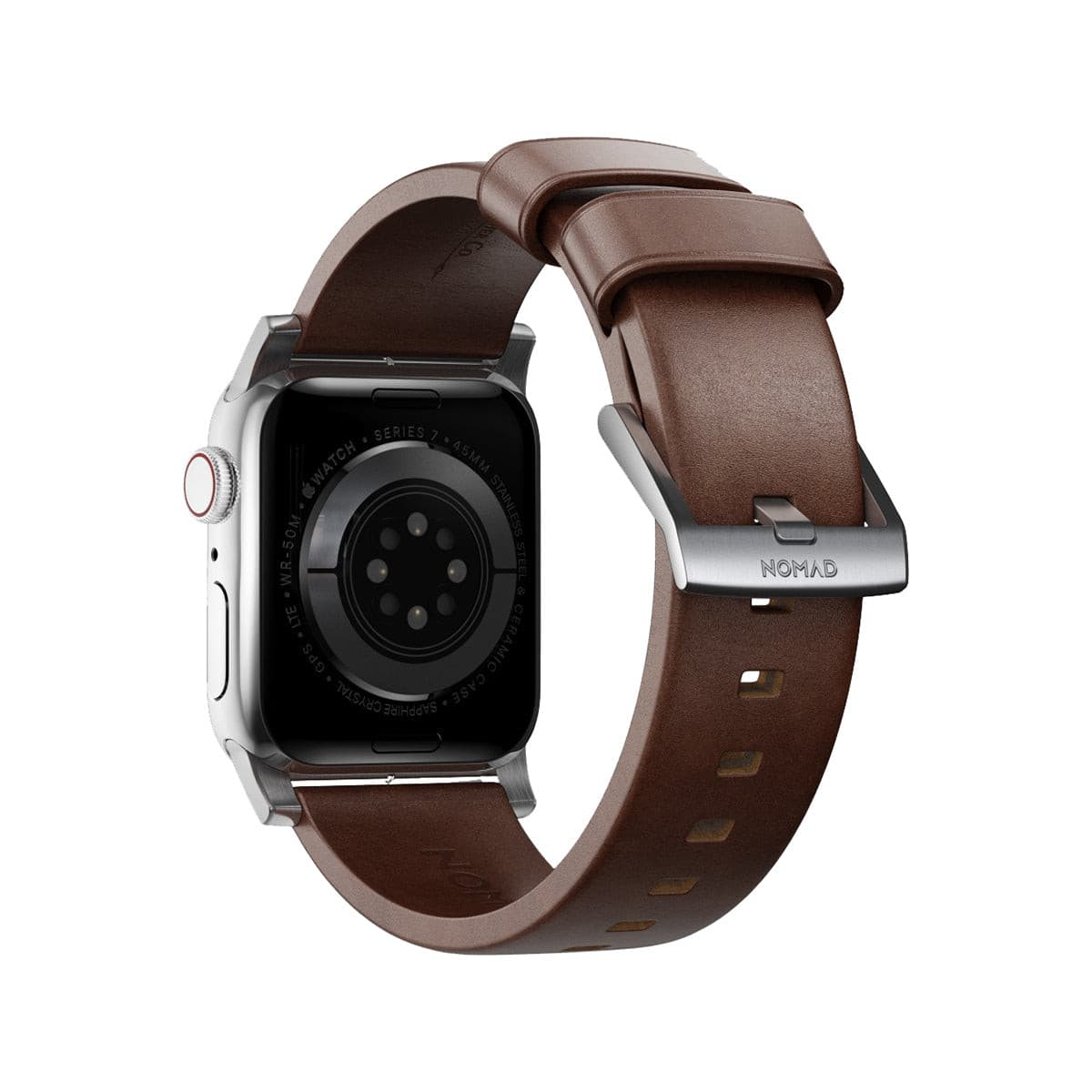 NOMAD Apple Watch Modern Band 45mm - Silver Hardware with Rustic Brown Horween Leather Strap.