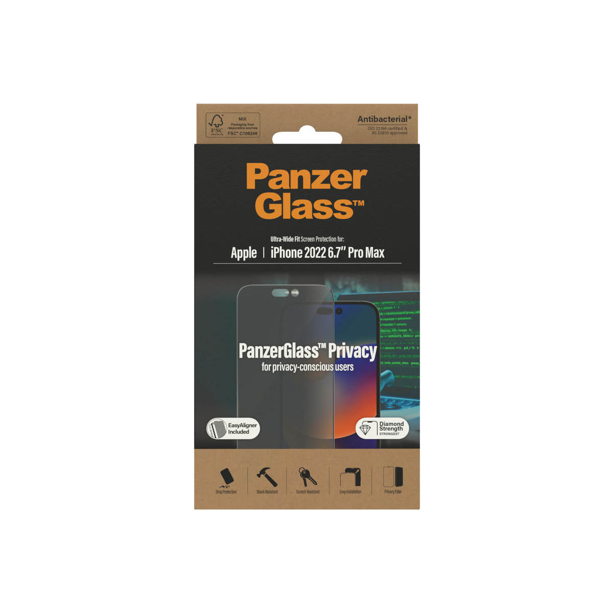 PanzerGlass Ultra-Wide Fit Privacy Antibacterial Screen Protector for iPhone 14 Pro Max.
