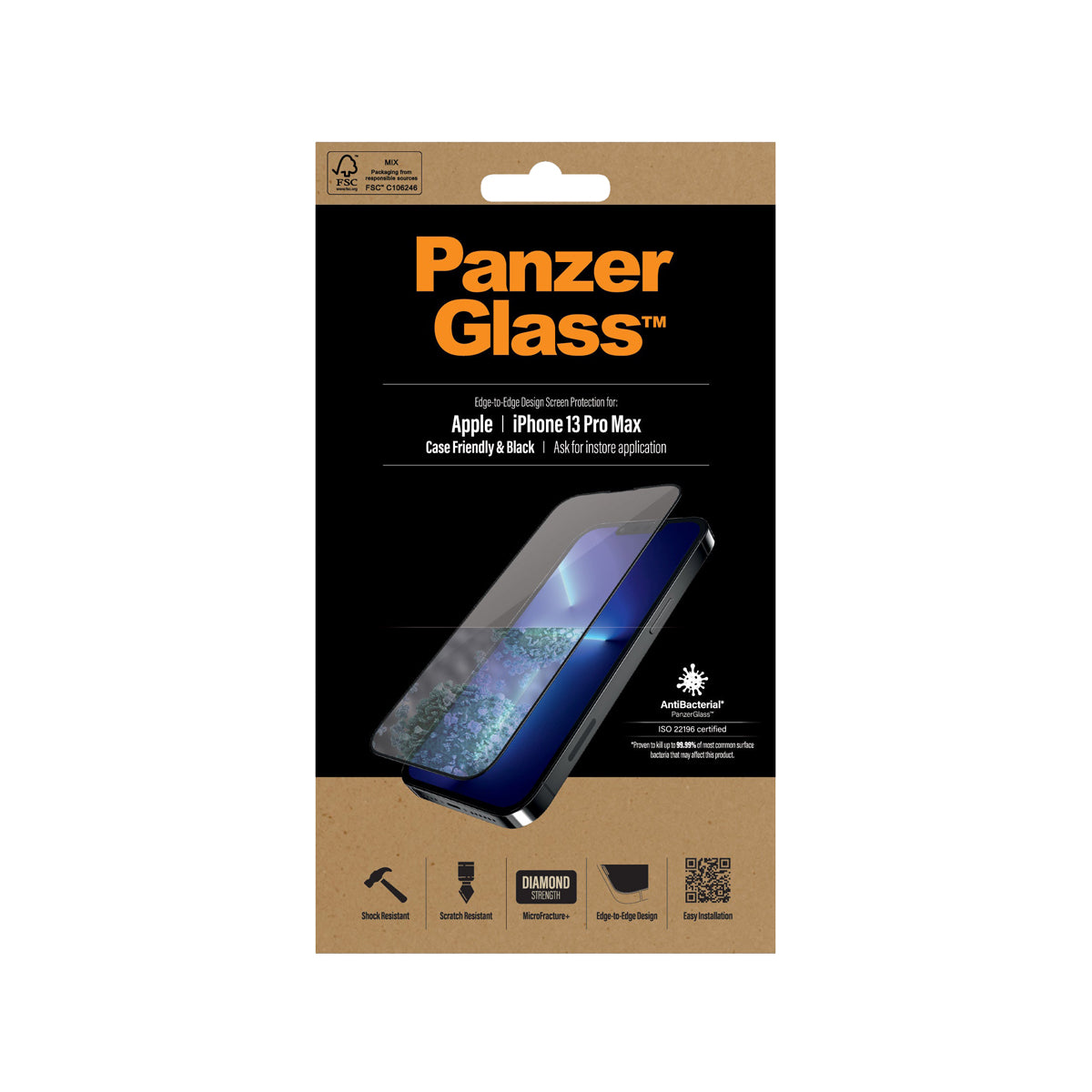 PanzerGlass CaseFriendly Black Phone Screen Protector for iPhone 13 Pro Max - Clear.