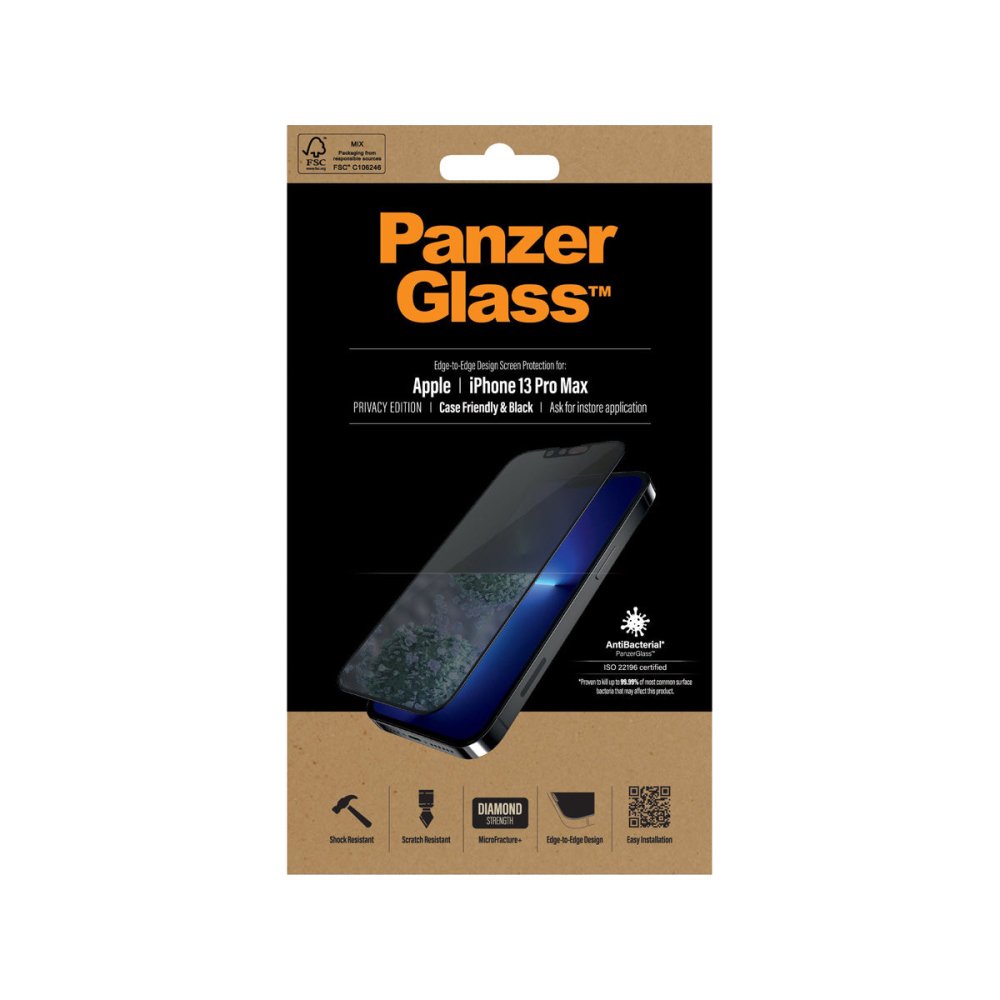 PanzerGlass Case Friendly Privacy Phone Screen Protector for iPhone 13 Pro Max - Black - Phone Screen Protector - Techunion -